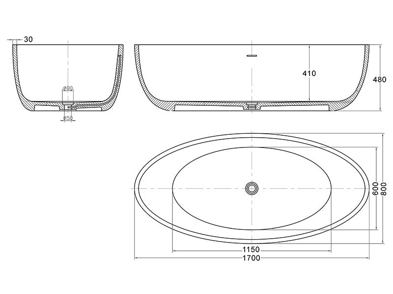 Quila Free Standing Bath 1700mm Carbon Quartz Stone Resin-Bath-Contemporary Tapware